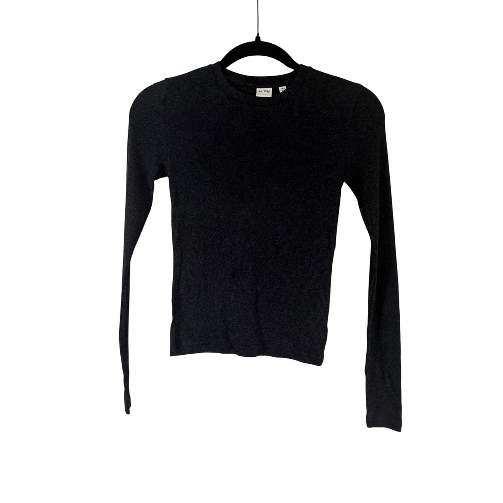 Aritzia Homestretch Long Sleeve Crewneck Top Charcoal Grey 2XS Ribbed Cotton